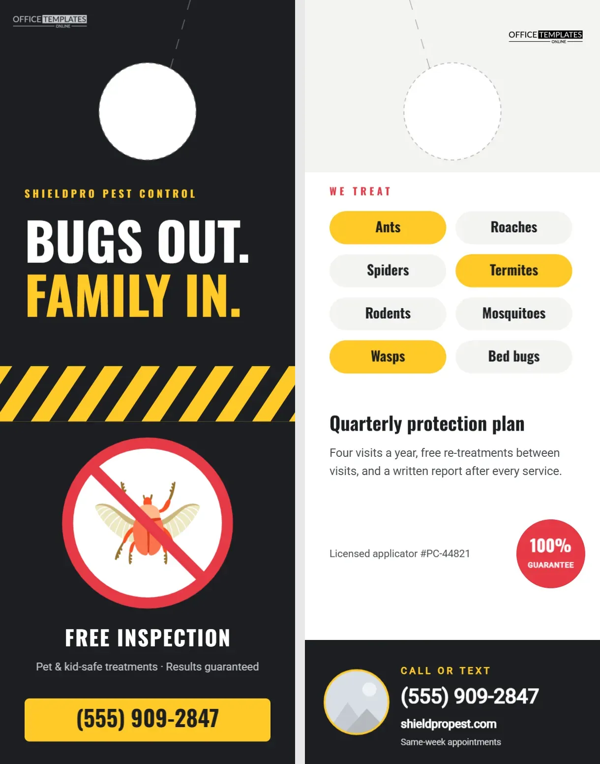Pest Control Door Hanger with Hazard Stripes and “Bugs Out” Headline