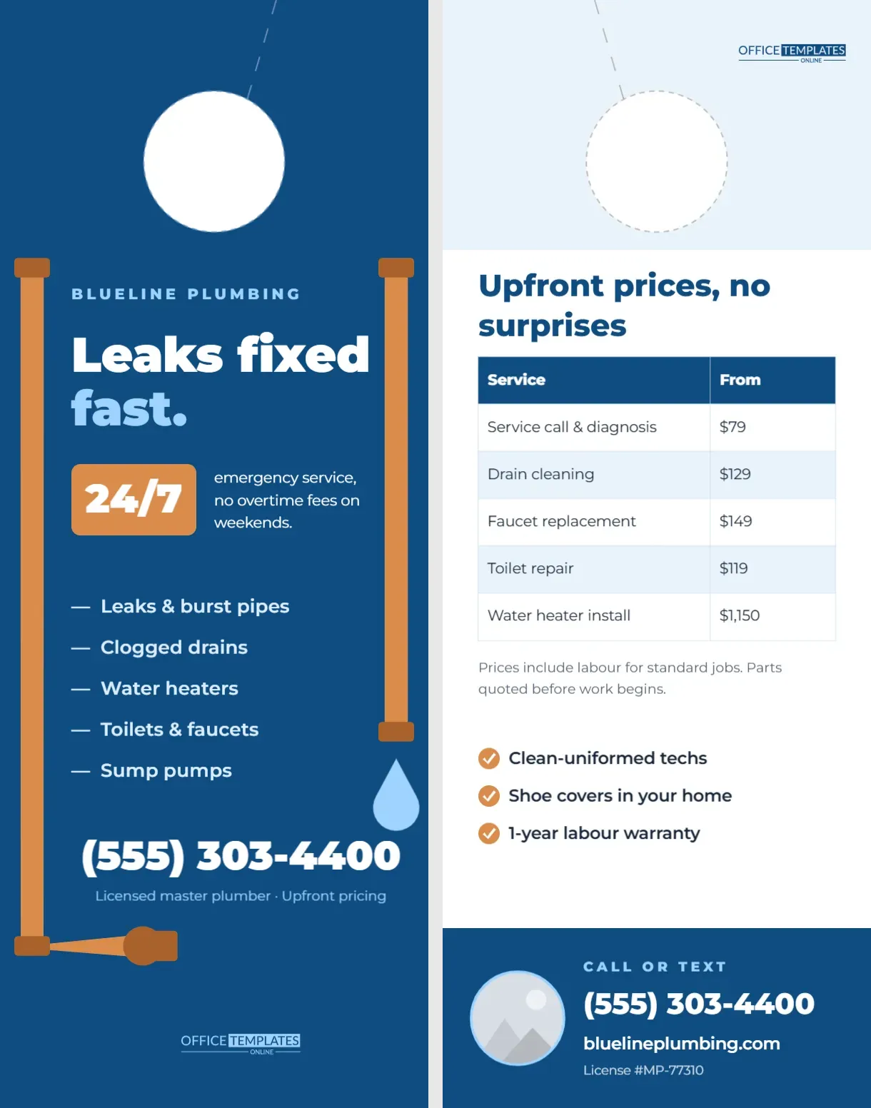 24/7 Plumbing Door Hanger with Copper Pipes and Upfront Price List