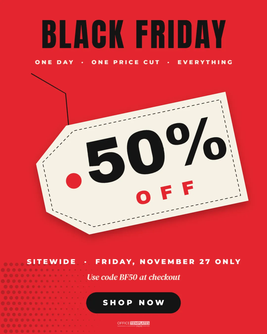 Black Friday 50% Off Instagram Post with a Swing Tag (1080 x 1350) – free editable Black Friday template