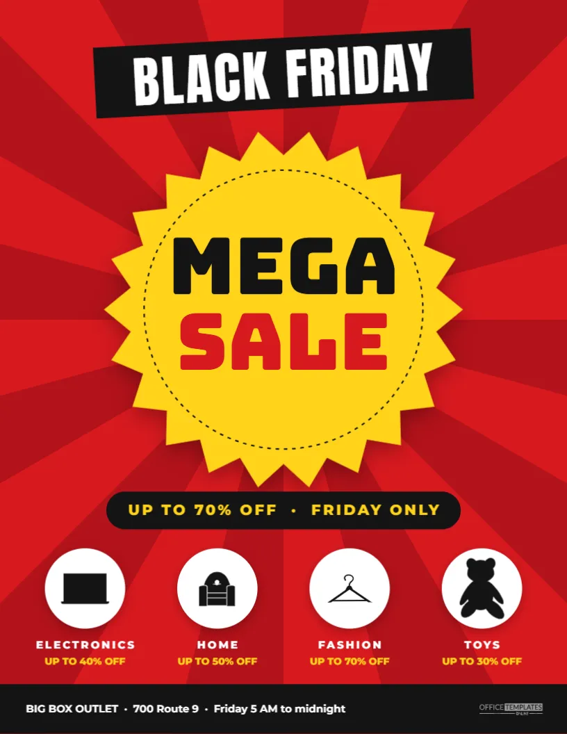 Black Friday Mega Sale Flyer with a Starburst and Categories