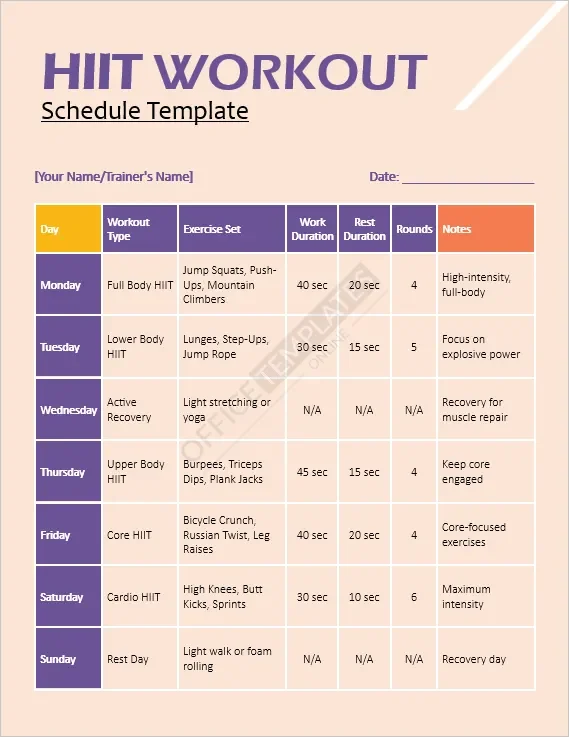 HIIT Workout Schedule Template