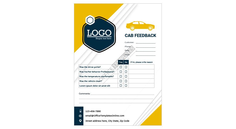 Download Cab/Taxi Feedback Card Template for MS Word
