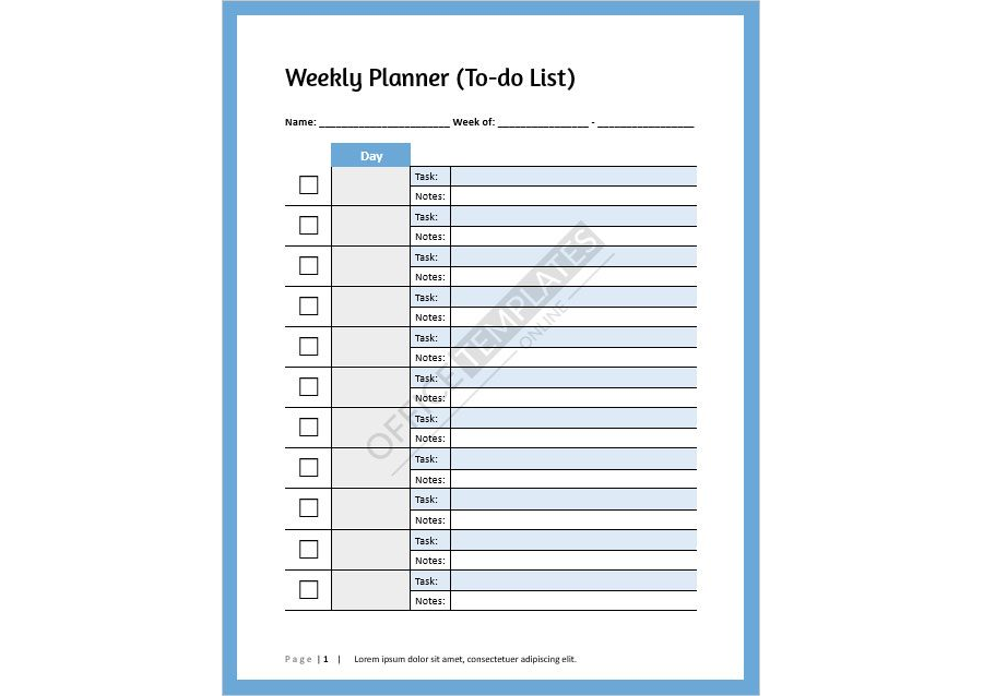 Weekly Planner To-do list template for MS Word