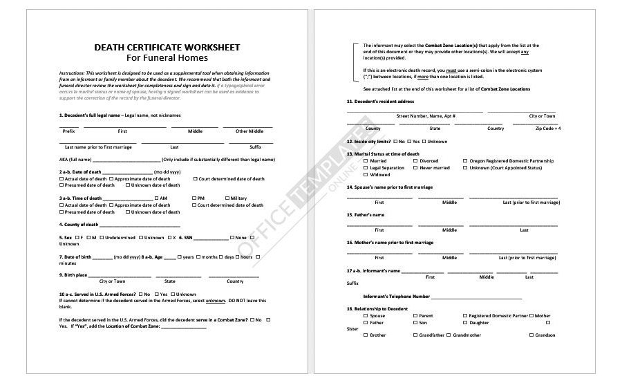 Death Certificate Worksheet for Funeral Homes