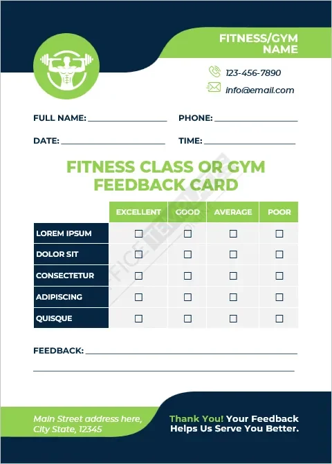 Fitness Class or Gym Feedback Card Template