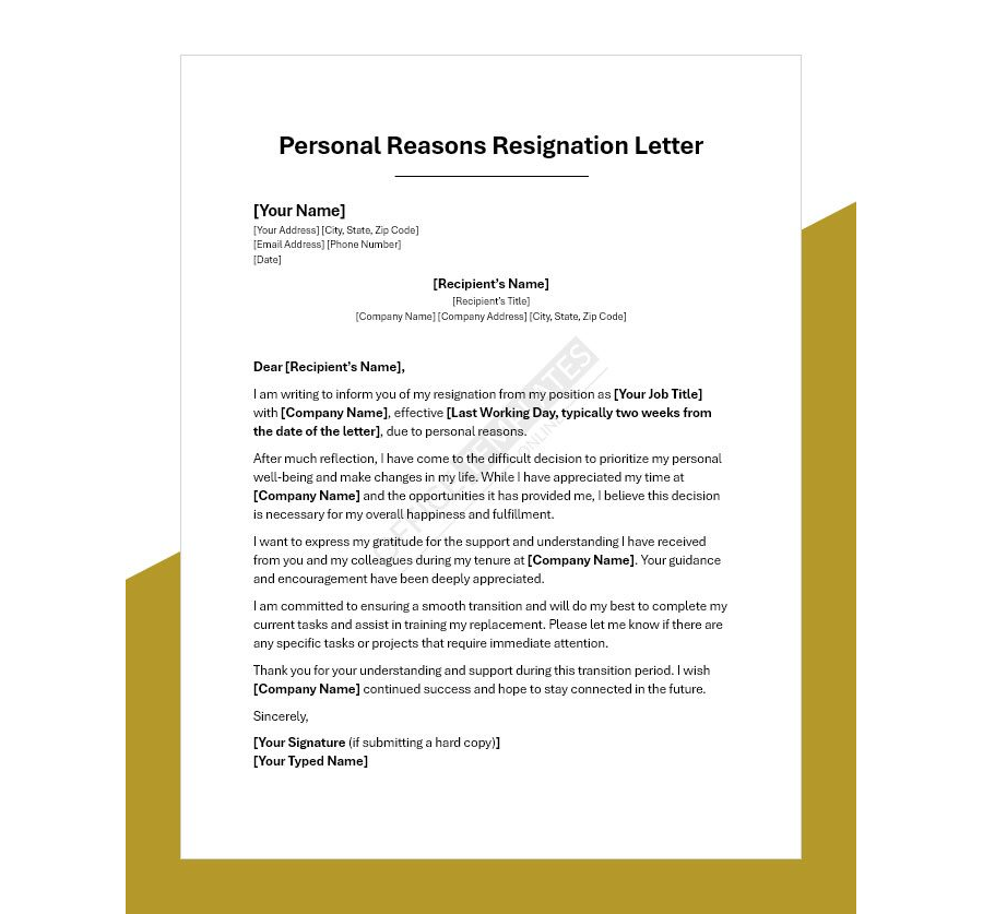 Personal Reasons Resignation Letter