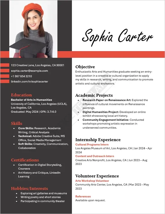 Arts and Humanities Fresher Resume Template