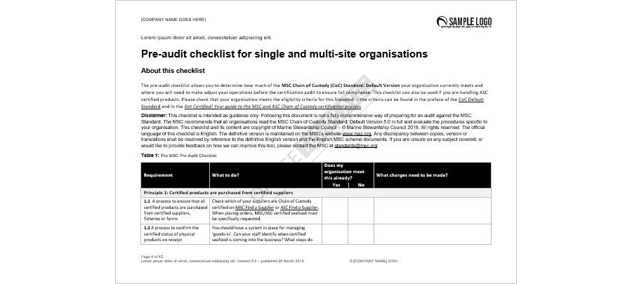 Multisite Pre-Audit Checklist Template in MS Word