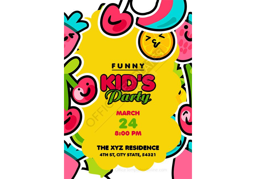 Funny Kid's Party Invitation Template for MS Word