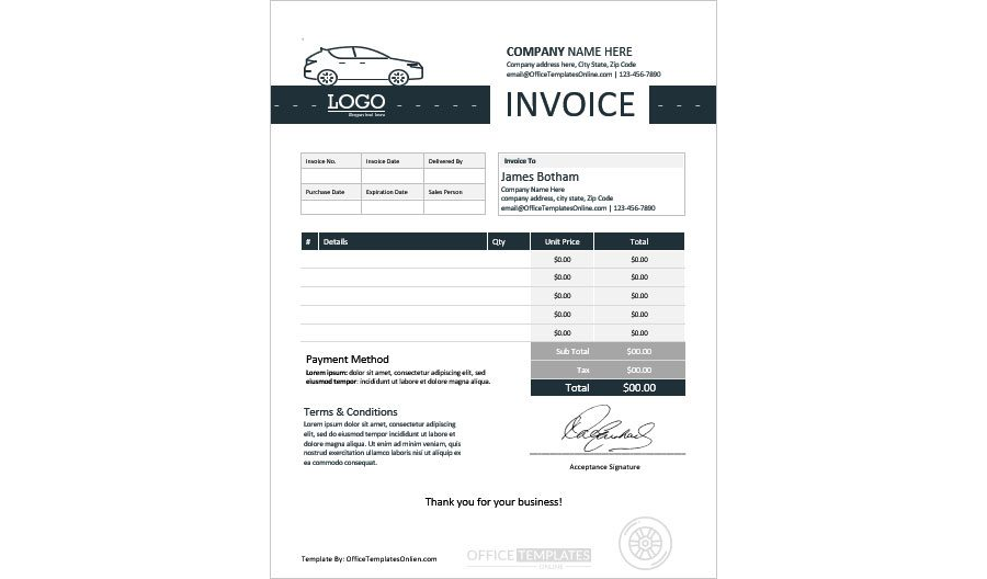 Download Professional Vehicle Invoice Template for MS Word