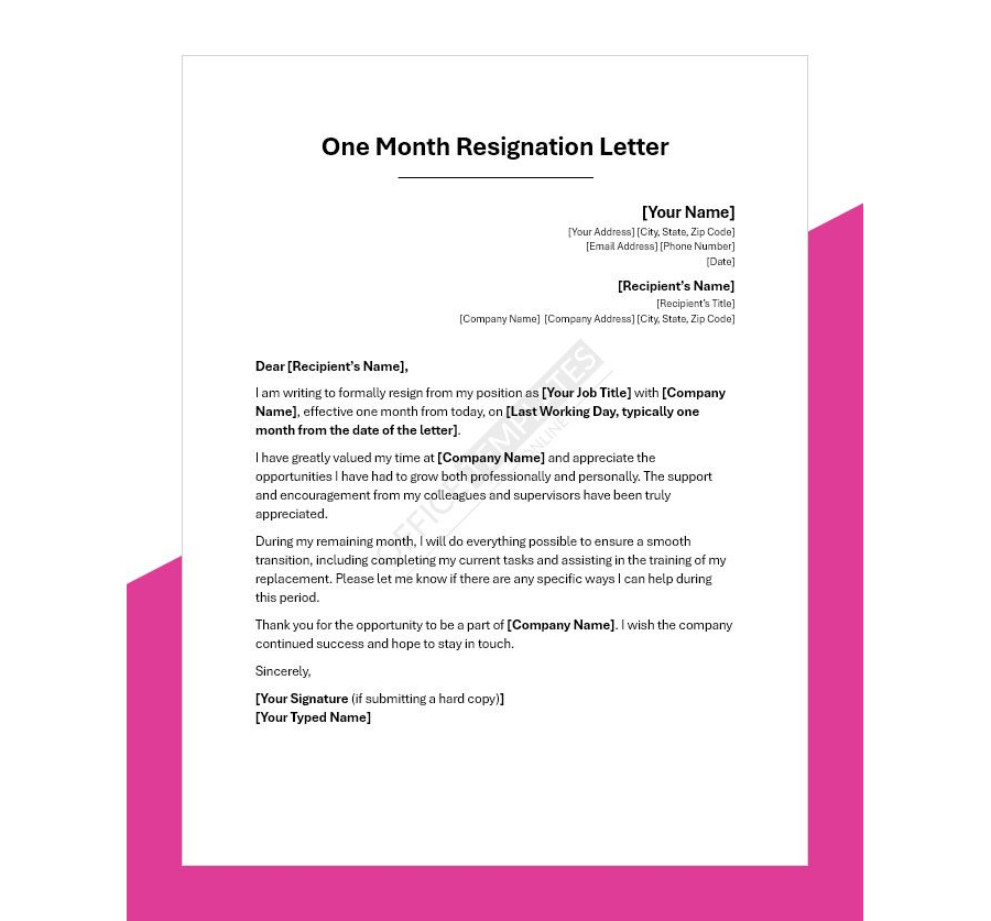 One Month Notice Resignation Letter