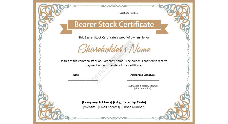 Bearer Stock Certificate Template