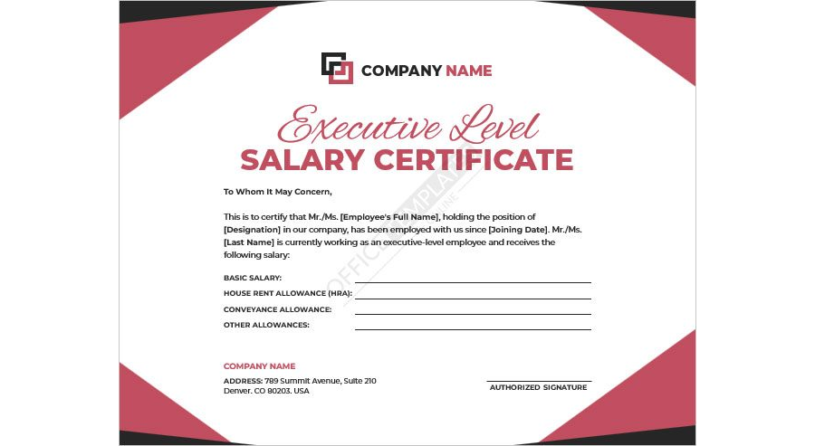 Executive-Level Salary Certificate Template