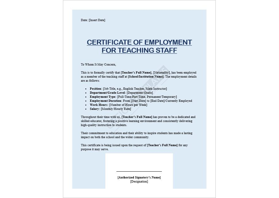Certificate of Employment for Teaching Staff