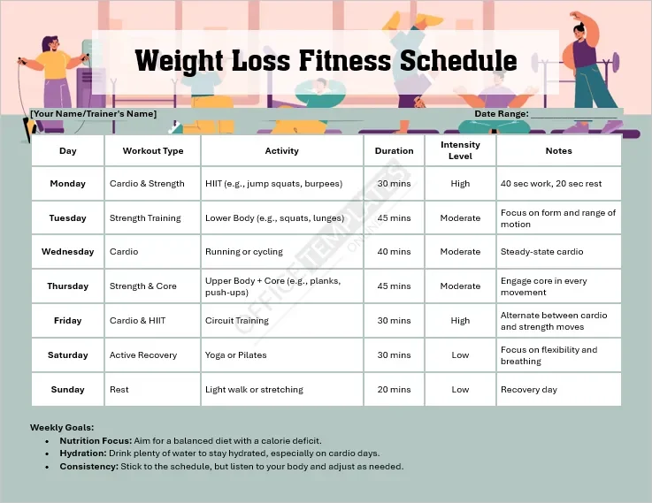 Weight Loss Fitness Schedule Template