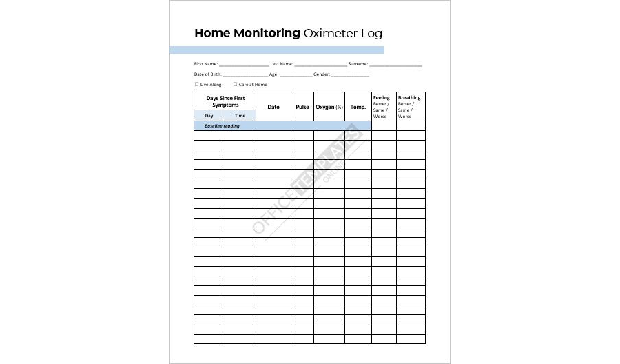 COVID Oximeter Home Monitoring Chart Template in MS Word