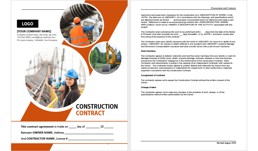 Sample Construction Contract Template for MS Word