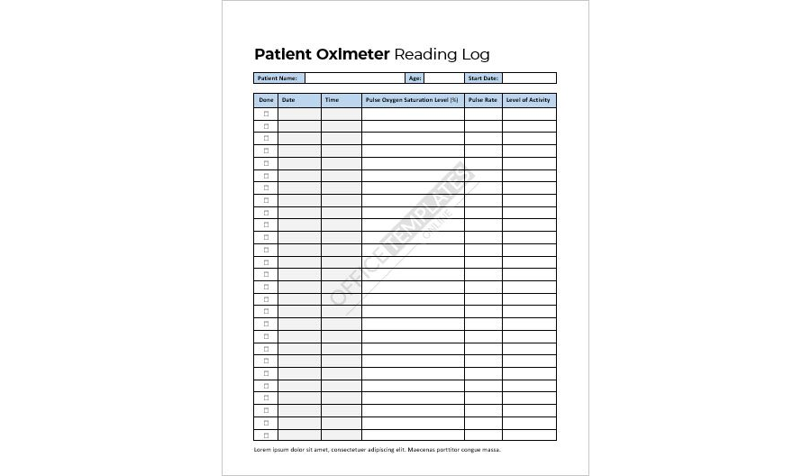 Patient Oximeter Reading Log Template in MS Word