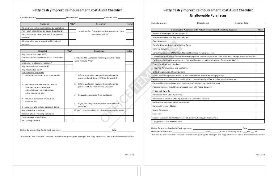 Petty Cash Imprest Reimbursement Post-audit Checklist Template in MS Word