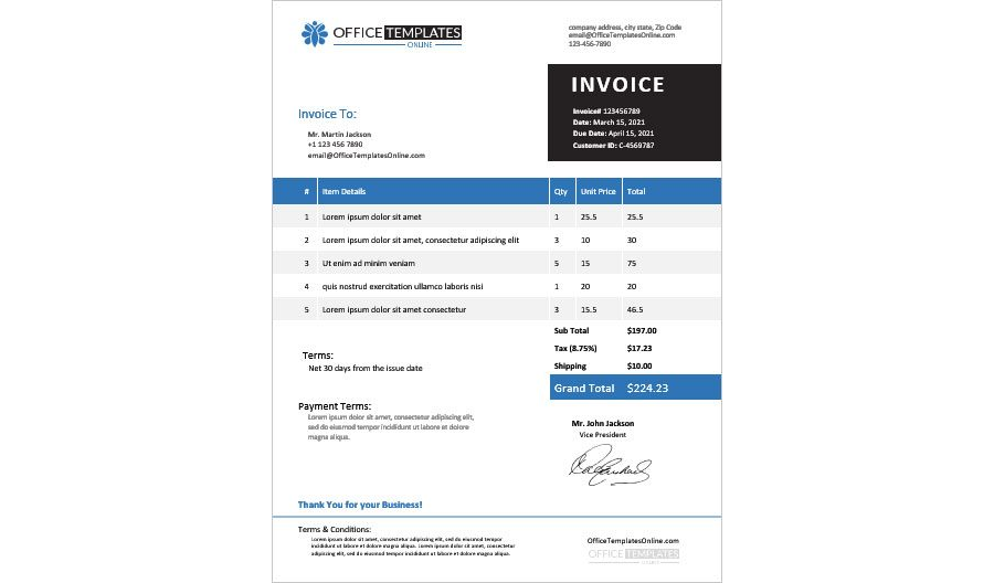 Download Sales Invoice Template with Tax and Shipping Details