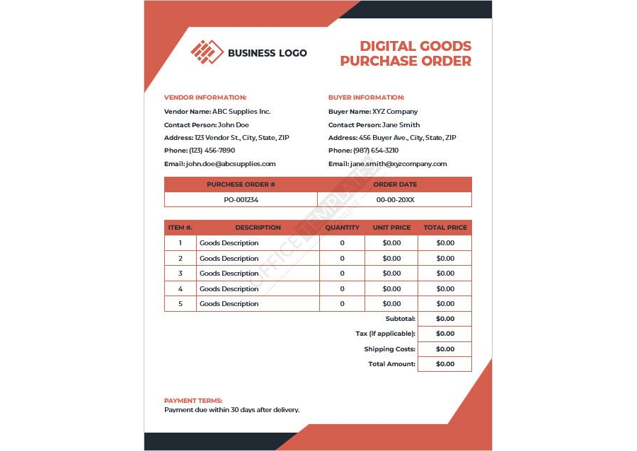 Digital Goods Purchase Order Template