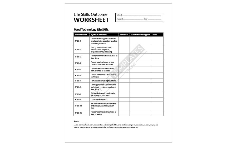 Life Skills Outcomes Worksheet