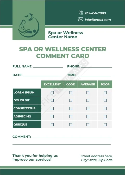 Spa or Wellness Center Comment Card Template