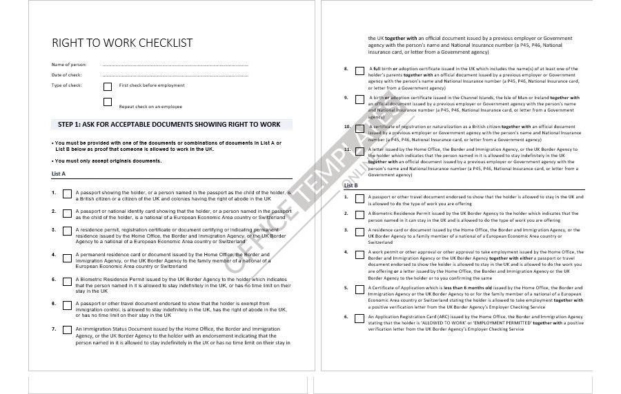 Right to Work Checklist Template in MS Word