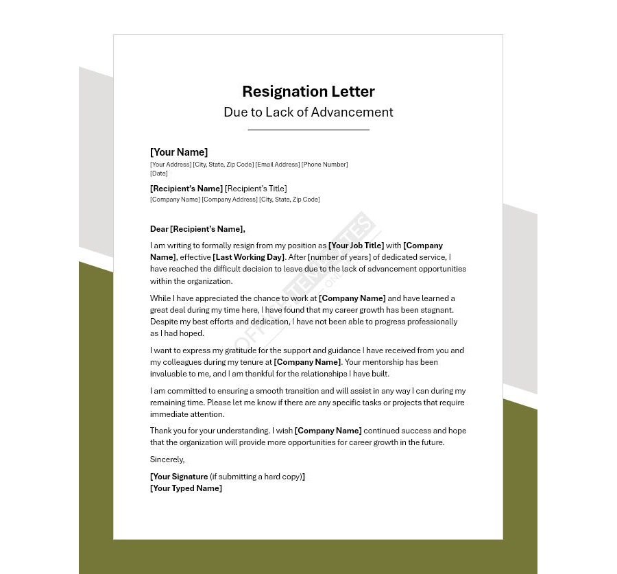 Resignation Letter Due to Lack of Advancement
