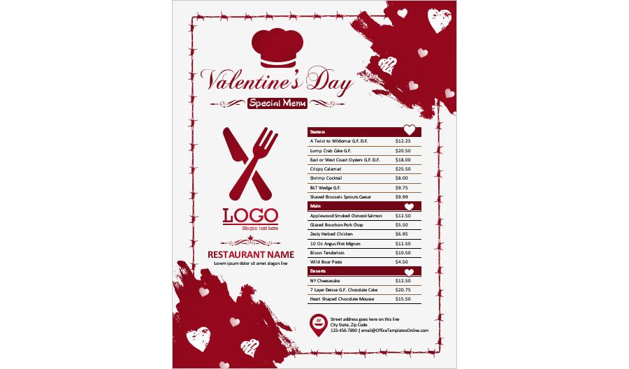 Download Valentine's Day Special Food Menu Card Template for MS Word
