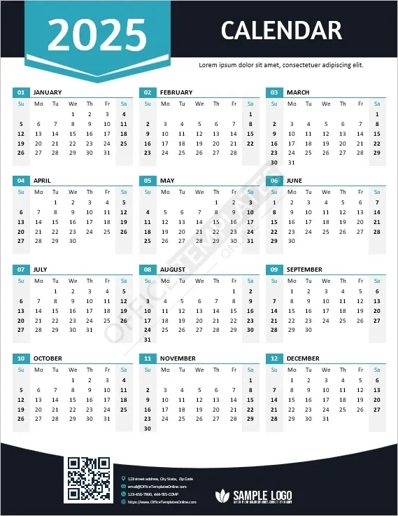 Download Year Calendar 2025 Template for MS Word