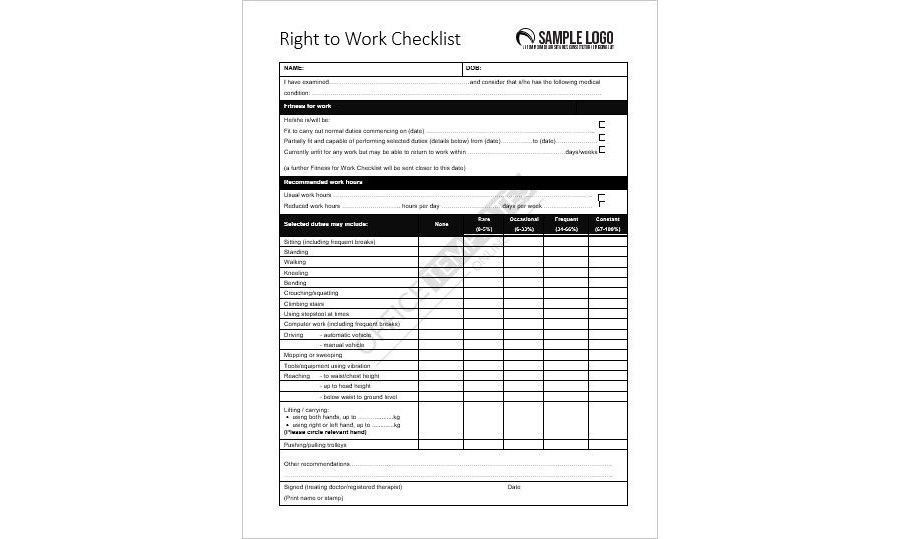 Right to Work Checklist Template # 3 in MS Word