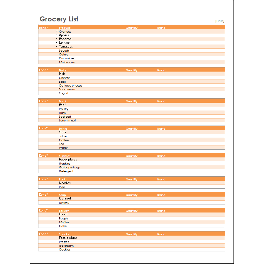 Grocery List Template with Brand Name Column