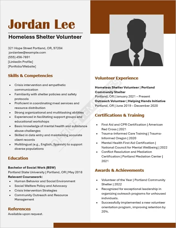 Homeless Shelter Volunteer Resume Template