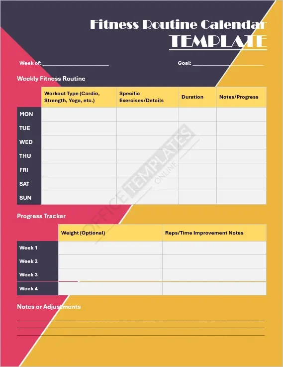 Fitness Routine Calendar Template