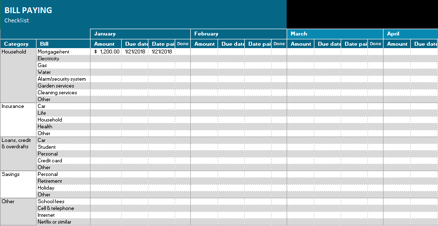 Monthwise Bill Paying List Template