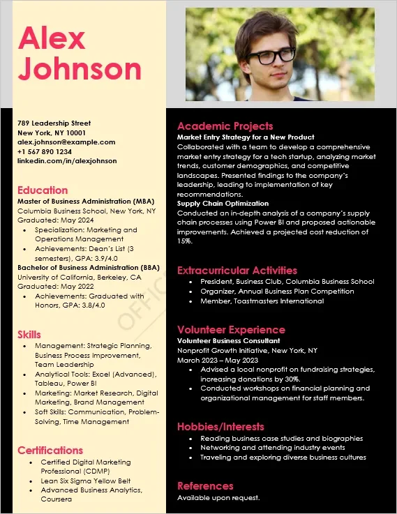 Management Graduate Fresher Resume Template
