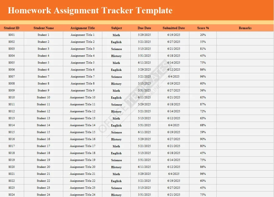 Excel Homework Tracker Template &ndash; Free for Teachers