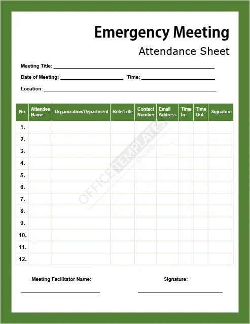 Emergency Meeting Attendance Sheet Template