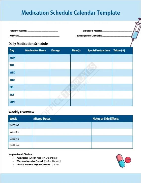 Medication Schedule Calendar Template