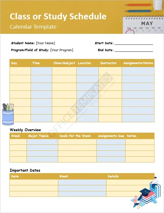 Class or Study Schedule Calendar Template