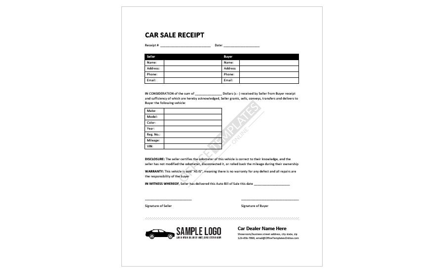 Download Vehicle, Car Receipt Template - Microsoft Word