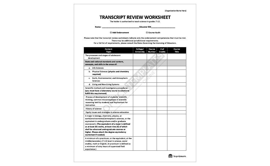 Transcript Review Worksheet
