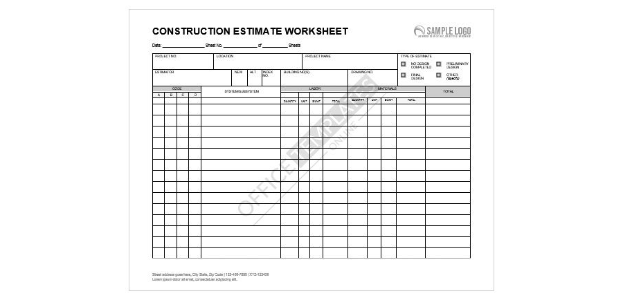 Construction Estimate Worksheet