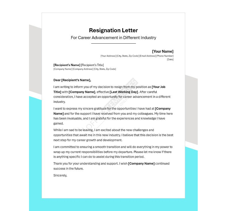 Resignation Letter for Career Advancement in Different Industry