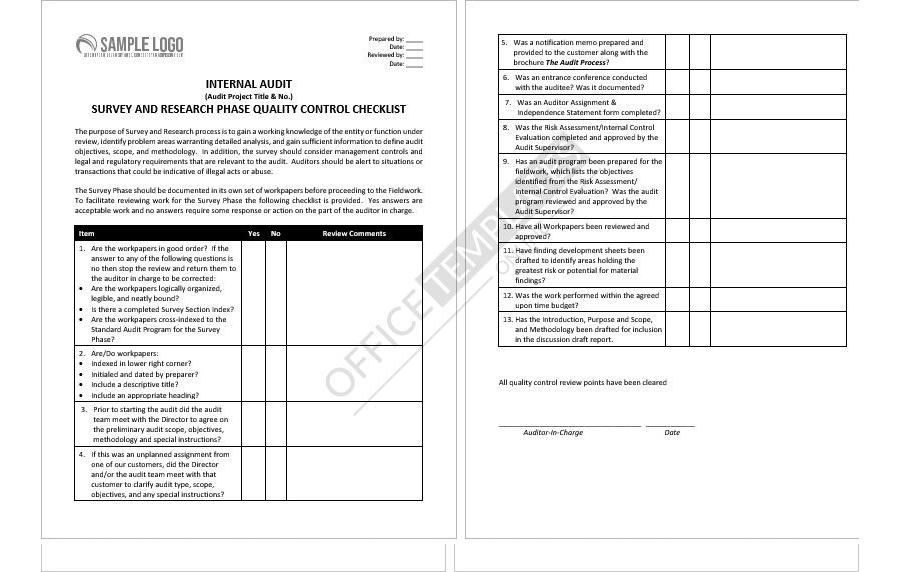 Internal Audit for Quality Control Checklist Template in MS Word