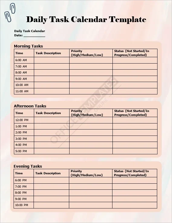 Daily Task Calendar Template
