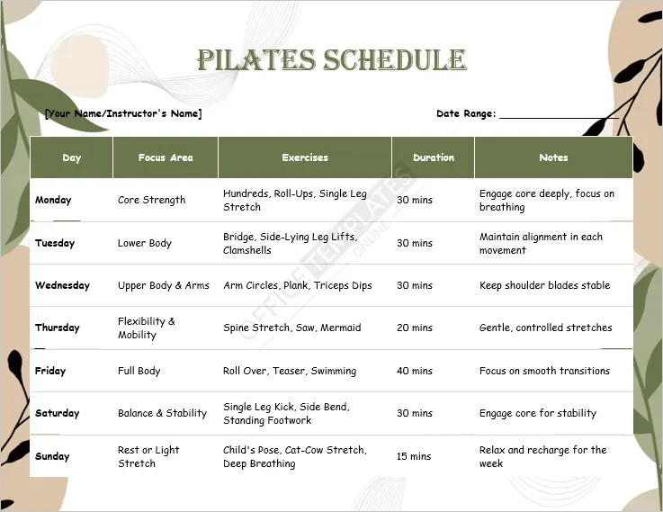 Pilates Schedule Template
