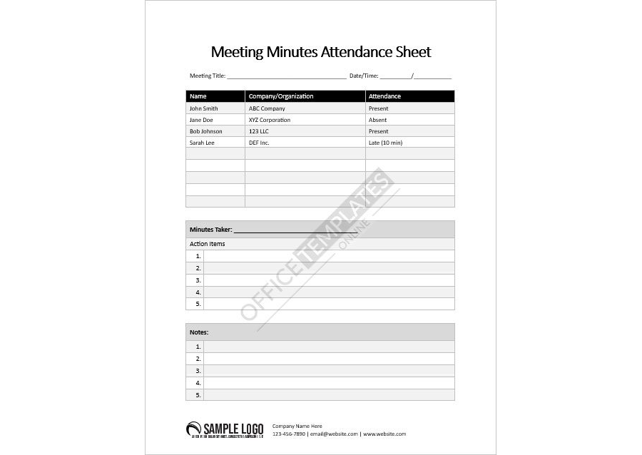 Meeting Minutes Attendance Sheet in MS Word Format