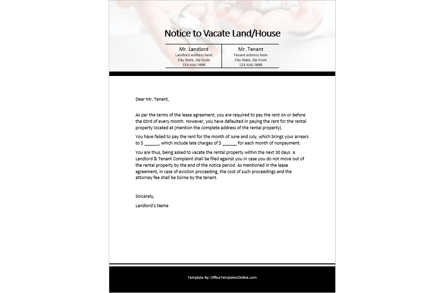 MS Word Notice Template to Vacate Land/House